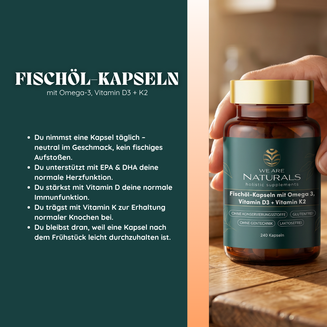 Fish oil capsules with Omega 3, Vitamin D3 + Vitamin K2