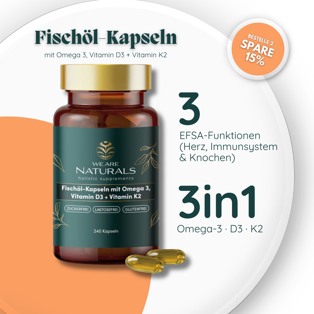 Fischöl-Kapseln mit Omega 3, Vitamin D3 + Vitamin K2