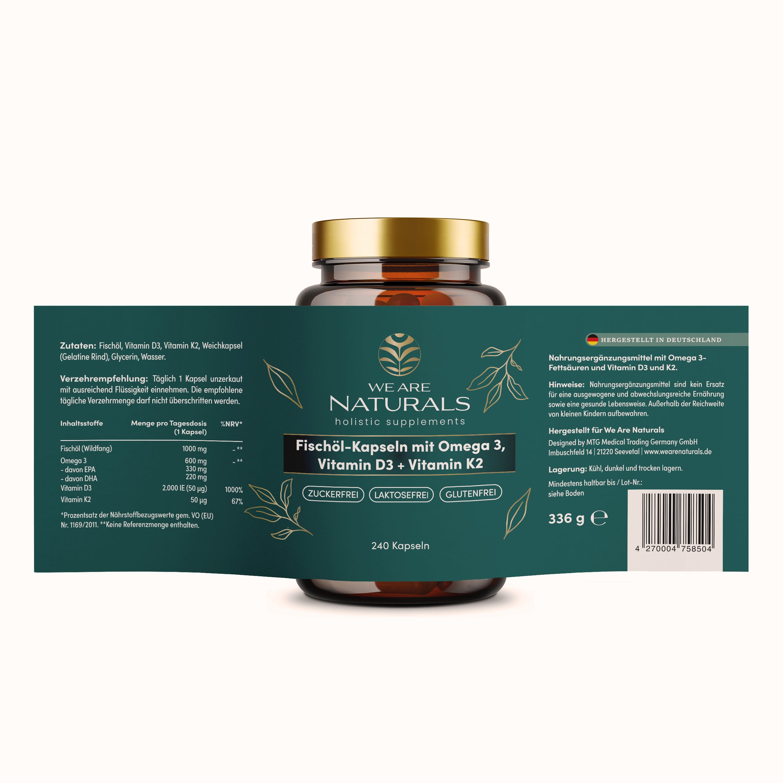 Fischöl-Kapseln mit Omega 3, Vitamin D3 + Vitamin K2