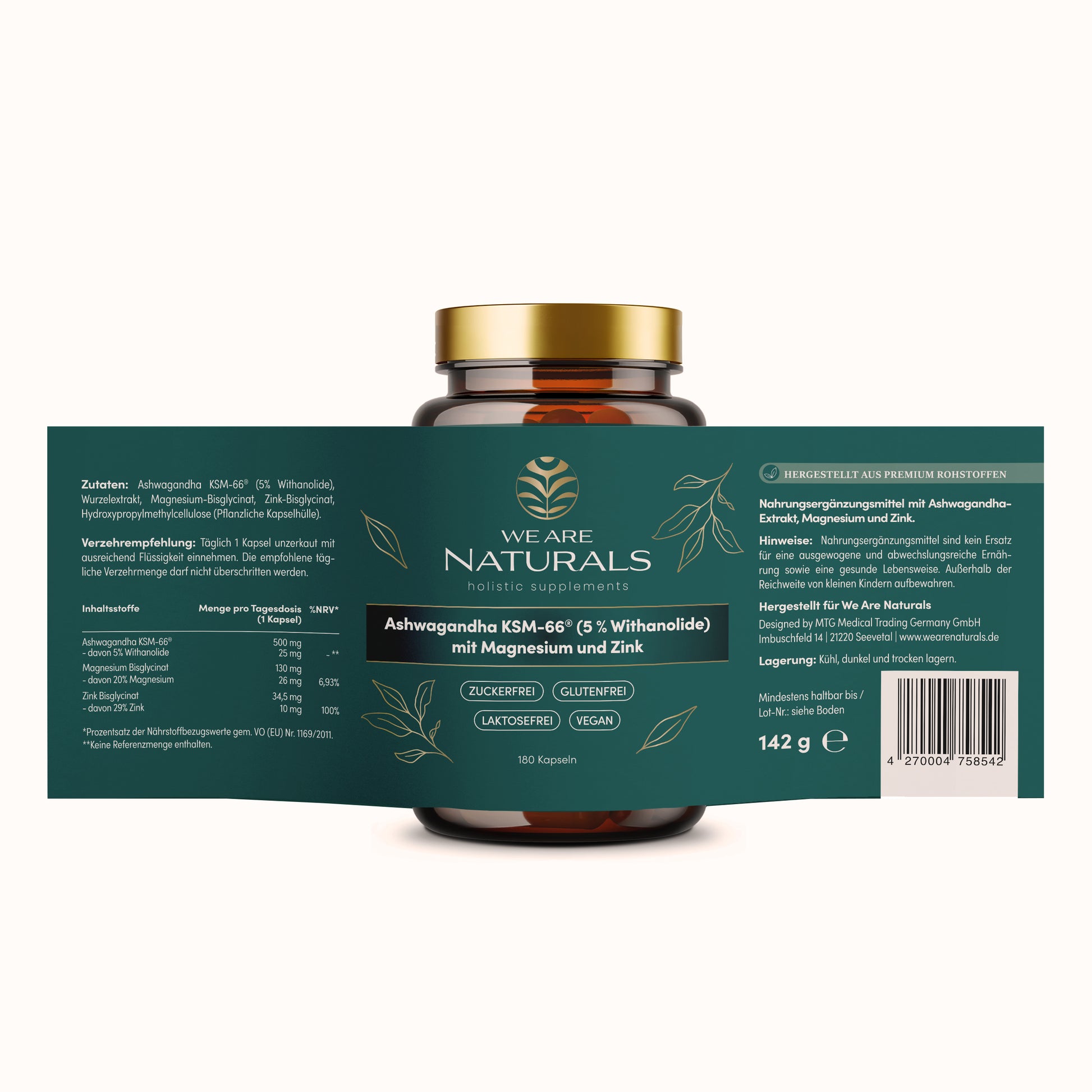 Ashwagandha KSM-66 Kapseln mit Zink und Magnesium – vollständiges Etikett mit Inhaltsstoffen und Anwendungshinweisen