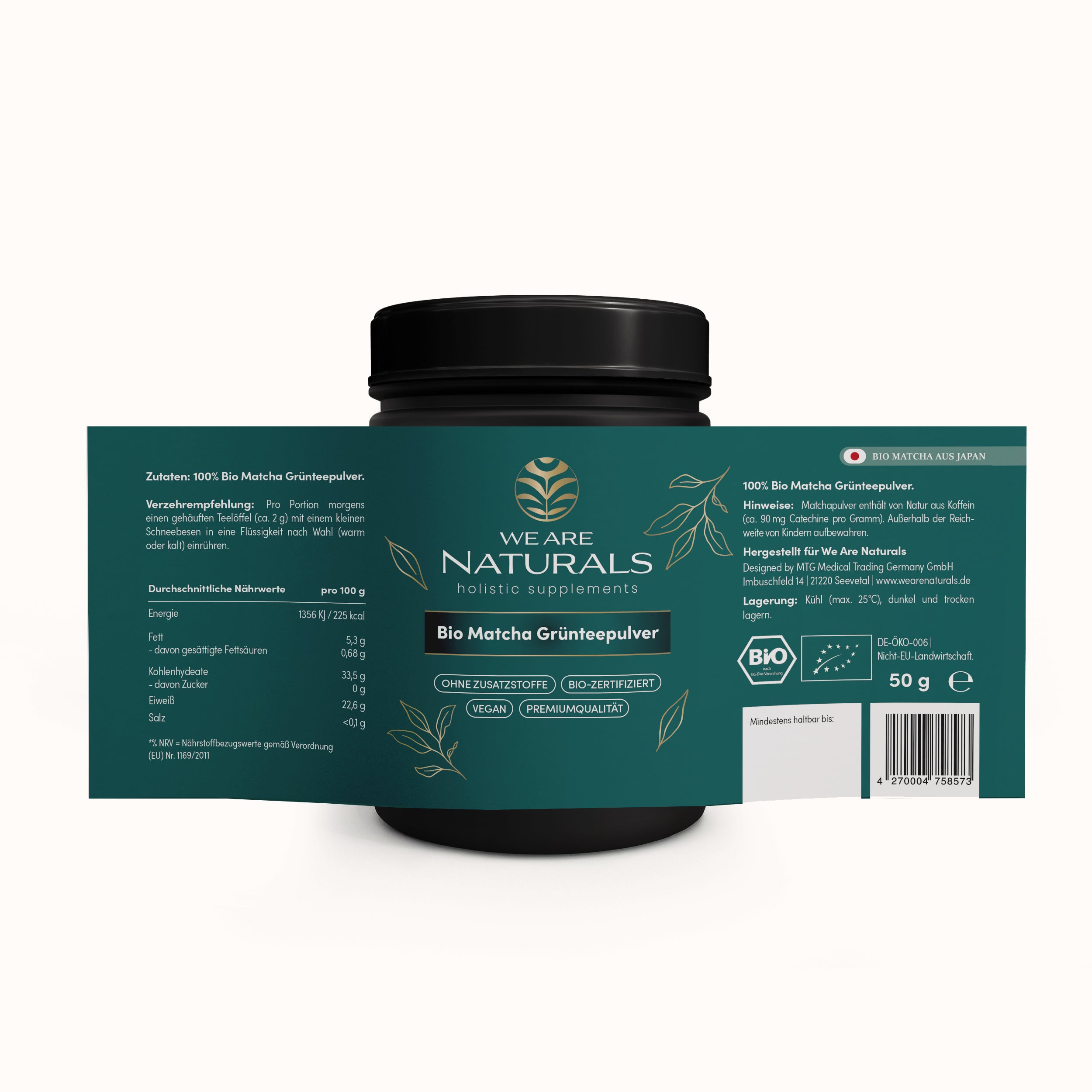 Bio Matcha Grünteepulver von We Are Naturals – Produktdose mit vollständig sichtbarem Etikett, Zutaten und Nährwertangaben