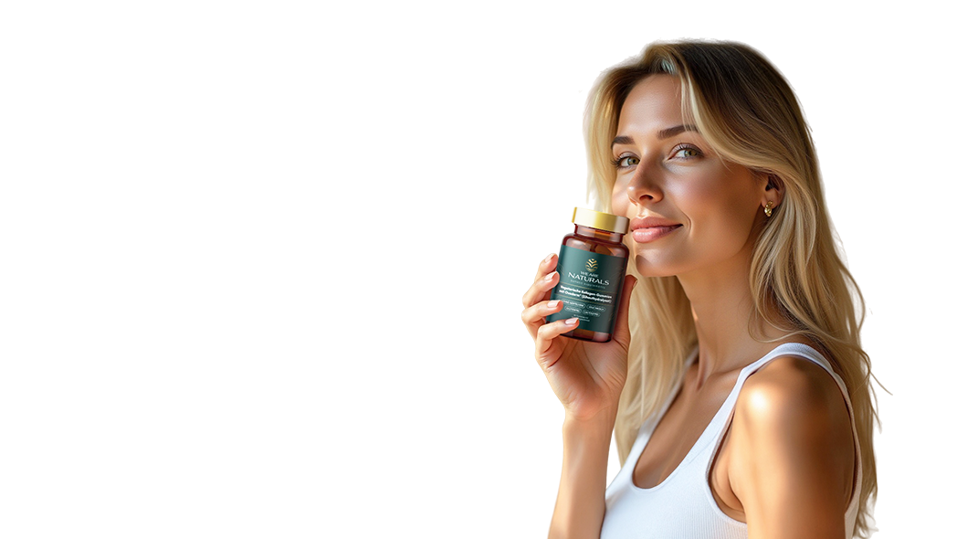 Blonde Frau mit OPC-Produkt von We Are Naturals – natürliche Gesundheitsroutine