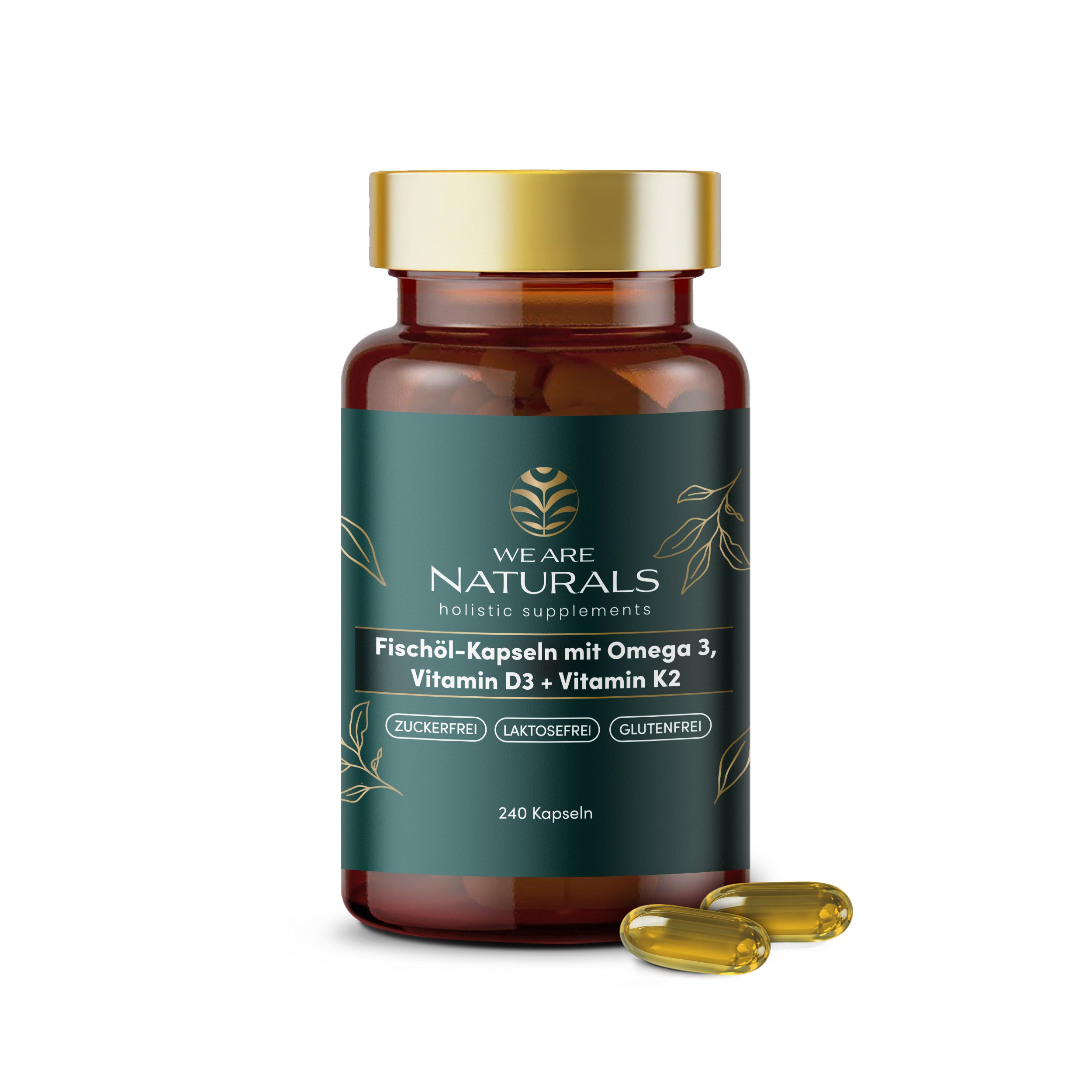 We Are Naturals Fischöl-Kapseln mit Omega 3, Vitamin D3 und K2 – Nahrungsergänzung in brauner Glasdose mit 240 Kapseln