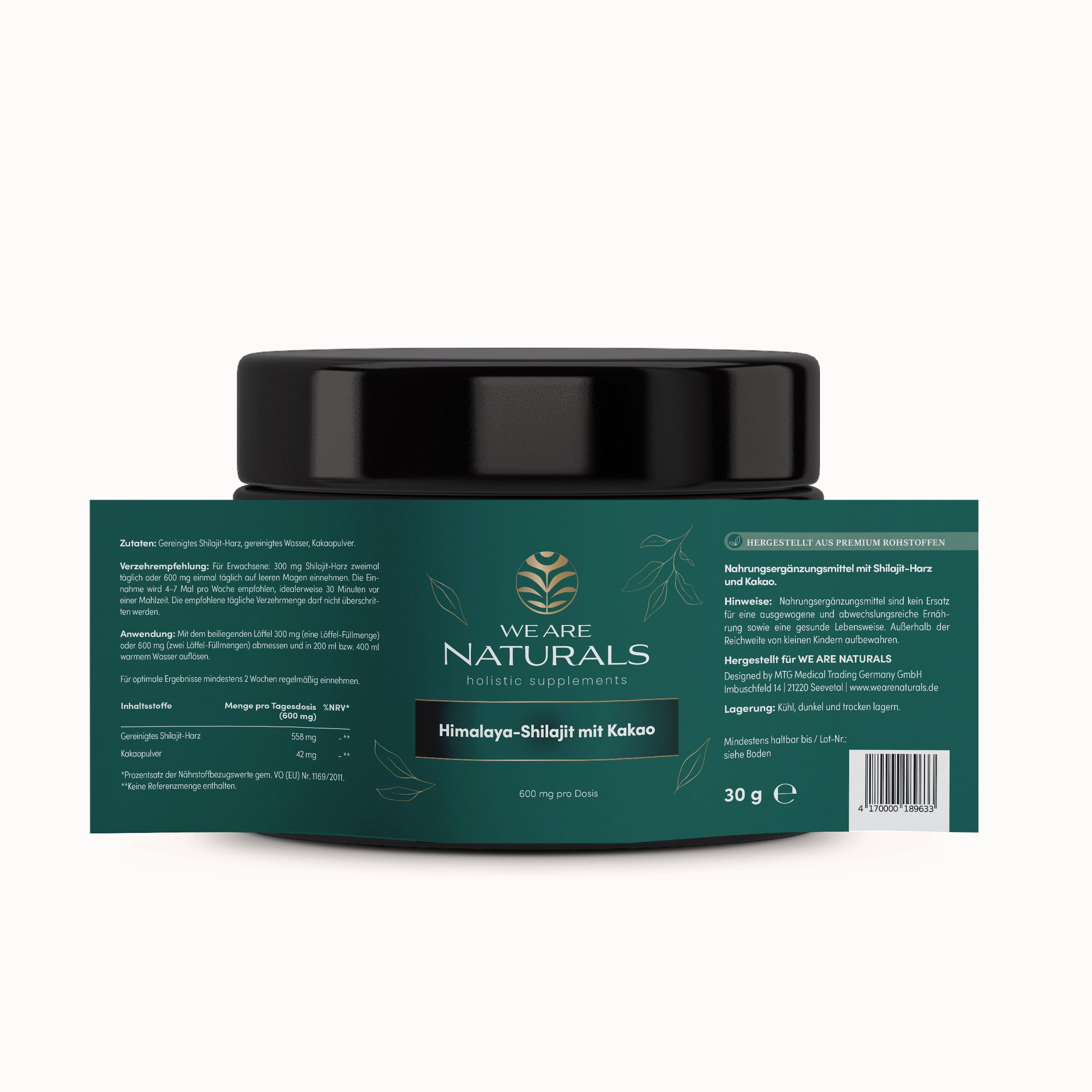 Himalaya-Shilajit mit Kakao von We Are Naturals – Nahrungsergänzung im Braunglas mit offenem Etikett und Nährwertangaben, 600 mg pro Dosis