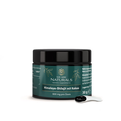 We Are Naturals Himalaya-Shilajit mit Kakao – Nahrungsergänzung in Braunglas mit 600 mg Harz pro Dosis, 30 g Dose mit Dosierlöffel