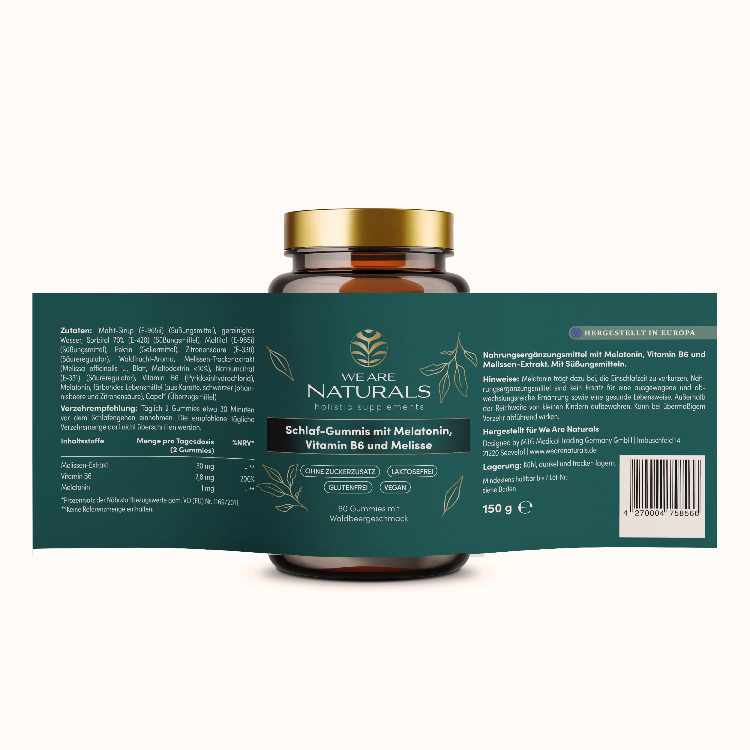 We Are Naturals Schlaf-Gummis mit Melatonin – vollständiges Etikett mit Inhaltsstoffen, Nährwerttabelle und Anwendungsempfehlung