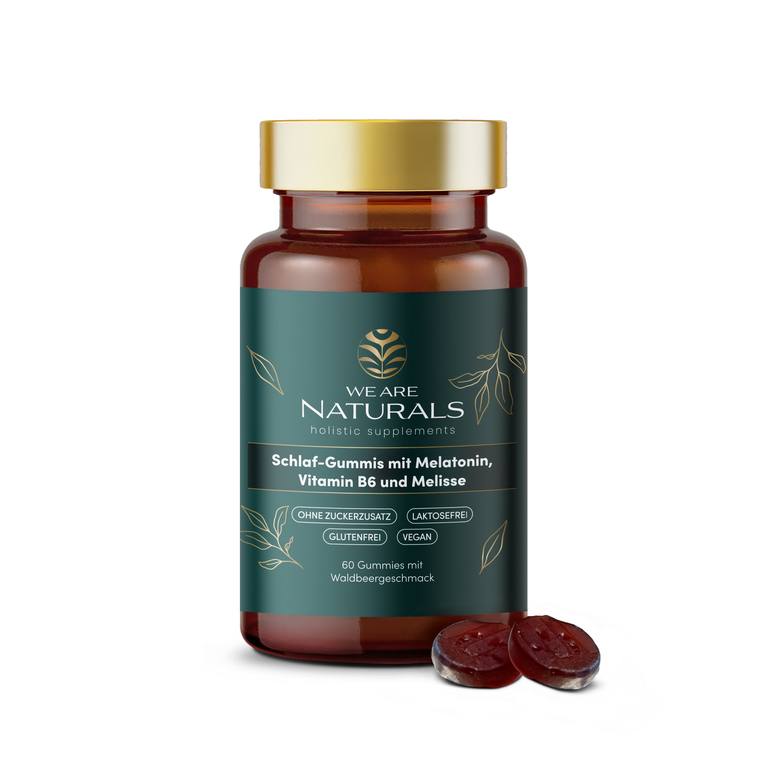 Schlaf-Gummis mit Melatonin, Vitamin B6 und Melisse von We Are Naturals – vegane Nahrungsergänzung mit Waldbeergeschmack in Braunglasdose