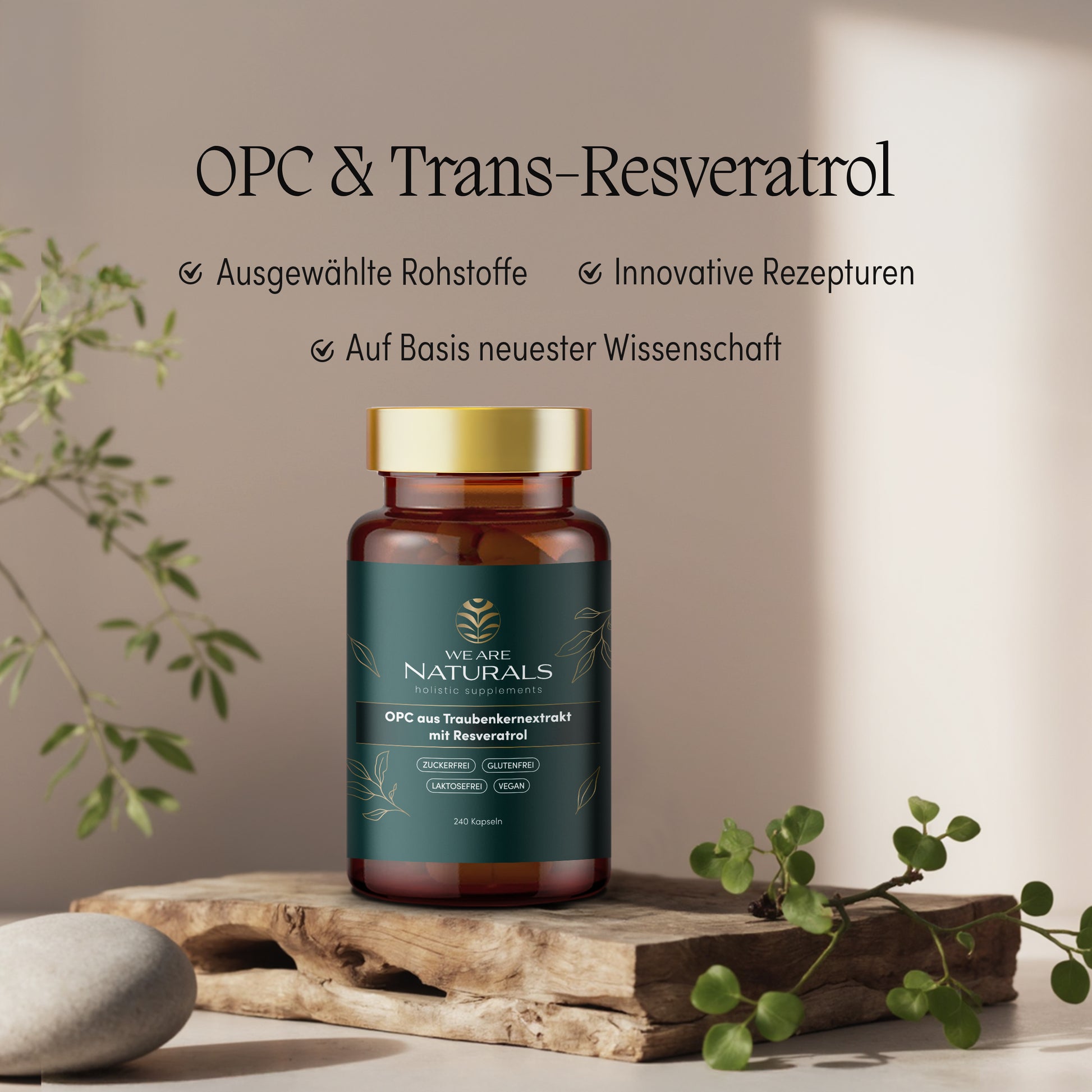 OPC & Trans-Resveratrol von We Are Naturals – hochwertiges Pflanzenextrakt auf Holzpodest mit Info-Claims im Hintergrund