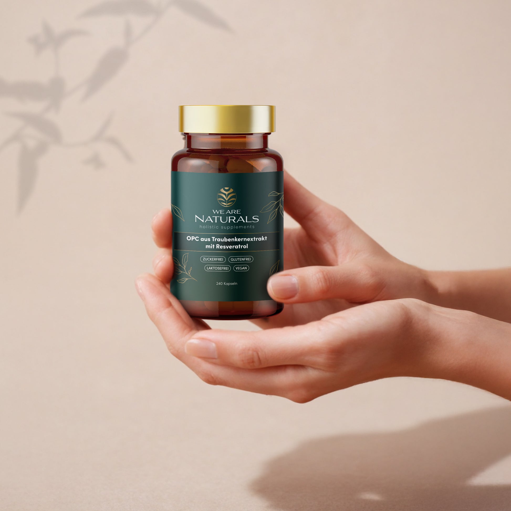 OPC-Kapseln mit Resveratrol von We Are Naturals – Dose wird achtsam mit beiden Händen gehalten vor hellem Hintergrund