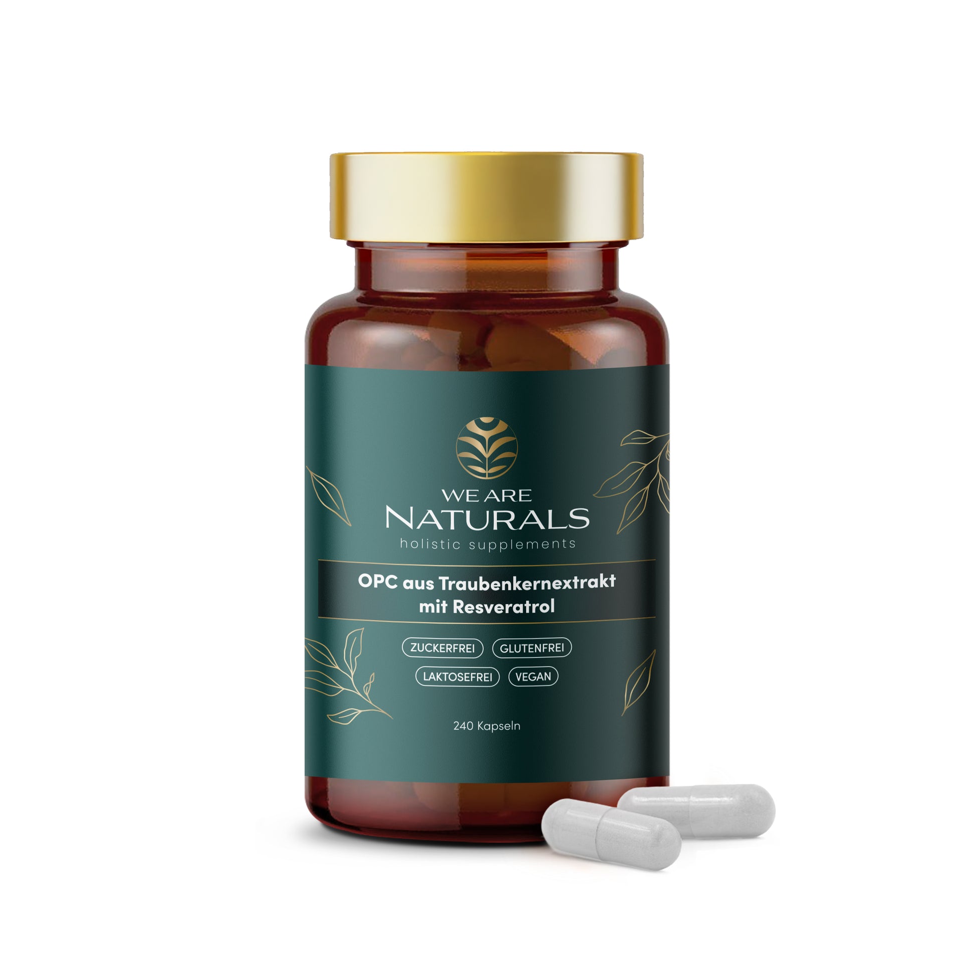 We Are Naturals OPC aus Traubenkernextrakt mit Resveratrol – veganes Nahrungsergänzungsmittel in Braunglas mit zwei weißen Kapseln