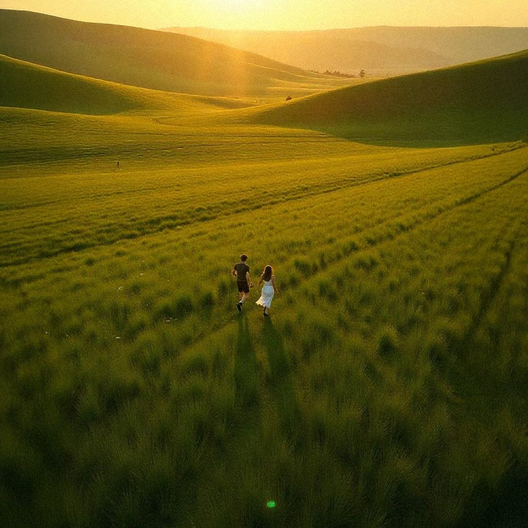 Zwei Menschen gehen bei Sonnenuntergang durch ein grünes Feld – Symbol für Naturverbundenheit, Nachhaltigkeit und gemeinsame Zukunftsziele