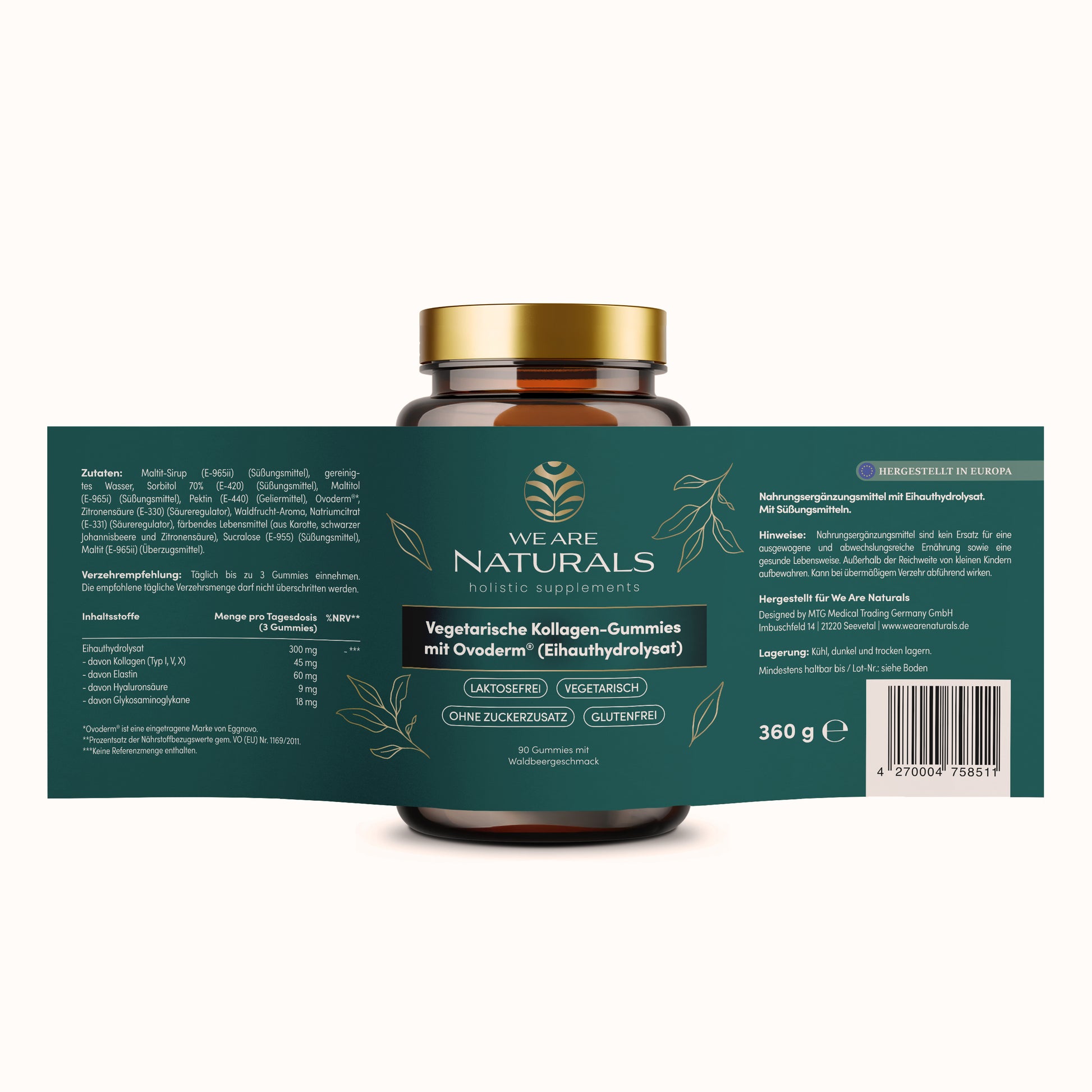 We Are Naturals Kollagen-Gummies mit Ovoderm – vollständige Etikettenansicht mit Inhaltsstoffen, Verzehrempfehlung und Nährwerten