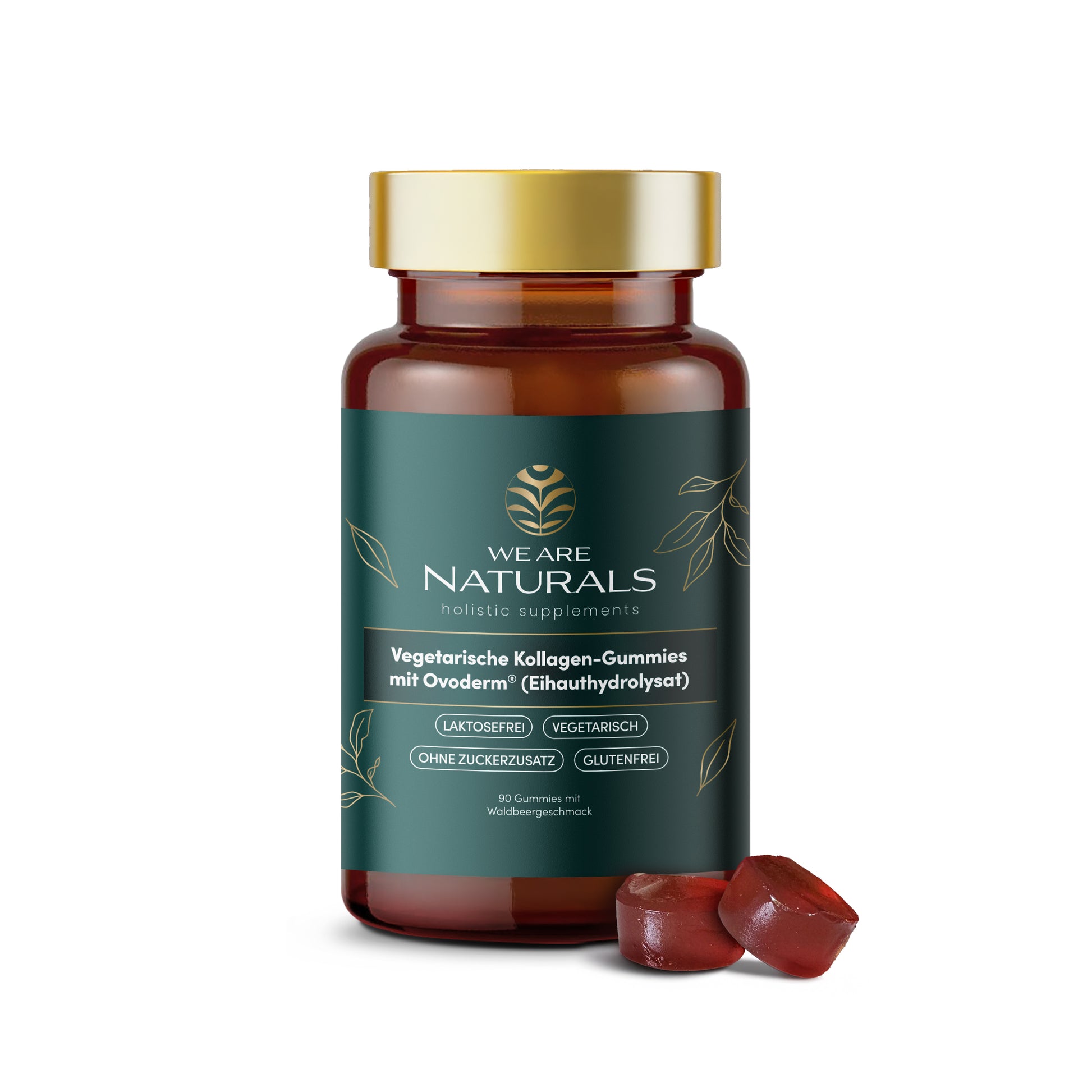 Vegetarische Kollagen-Gummies mit Ovoderm von We Are Naturals – Nahrungsergänzung in Braunglas mit zwei roten Gummies, Waldbeergeschmack