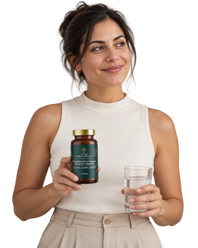 Frau mit Omega-3, Vitamin D3 und K2 und einem Glas Wasser bei Tageslicht